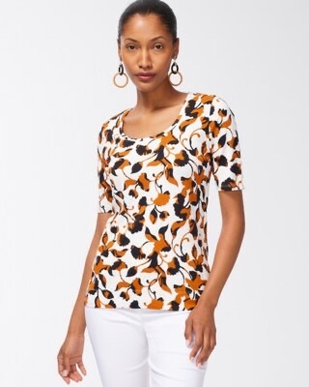 CHICOS | Floral Everyday Cotton Tee Size XXL Classic Fit Elbow Sleeve Scoop Neck